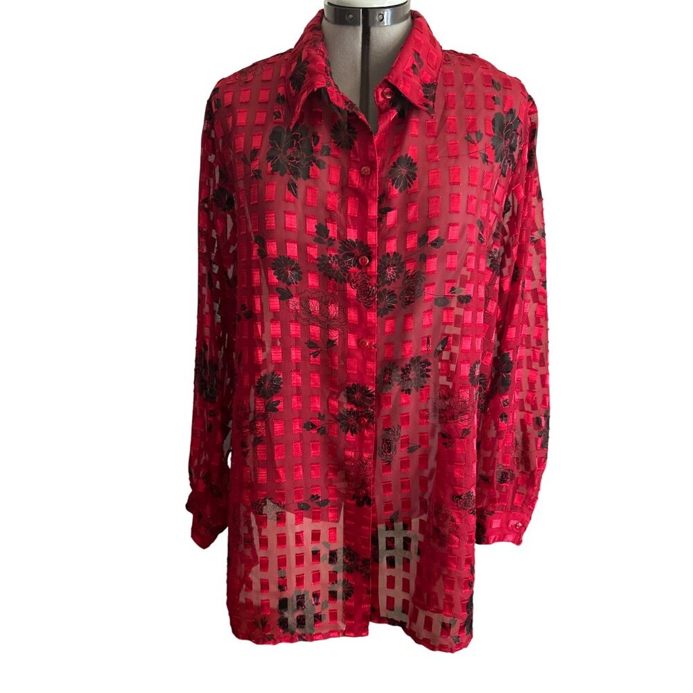 Notations Womens 1X Red & Black Sheer Shimmery Floral Long Sleeve Button Up Top